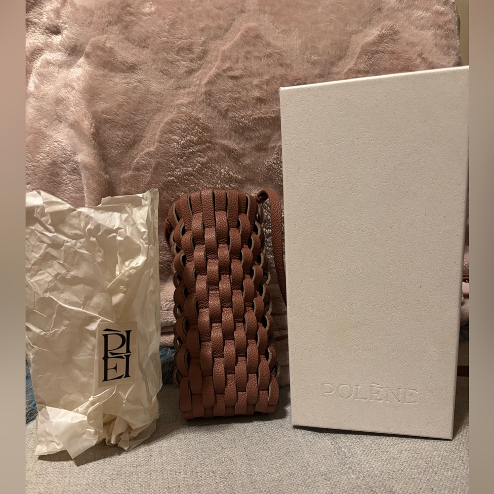 Polene Woven Leather Crossbody in Cognac Brown